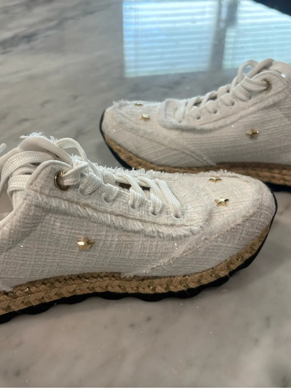 Karl Lagerfeld Paris Meaza Tweed Star Espadrille Sneakers White Gold - Size 7.5
